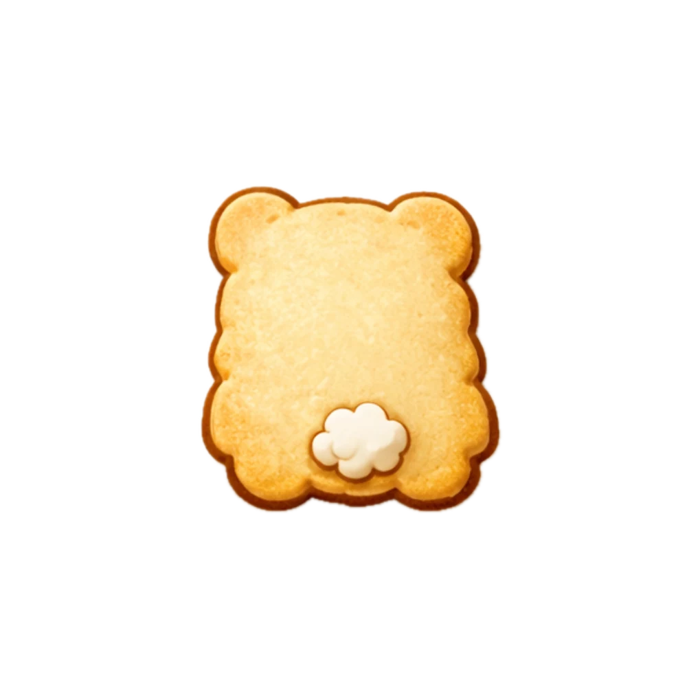 クッキーのクマの後ろ姿。白いしっぽがついている