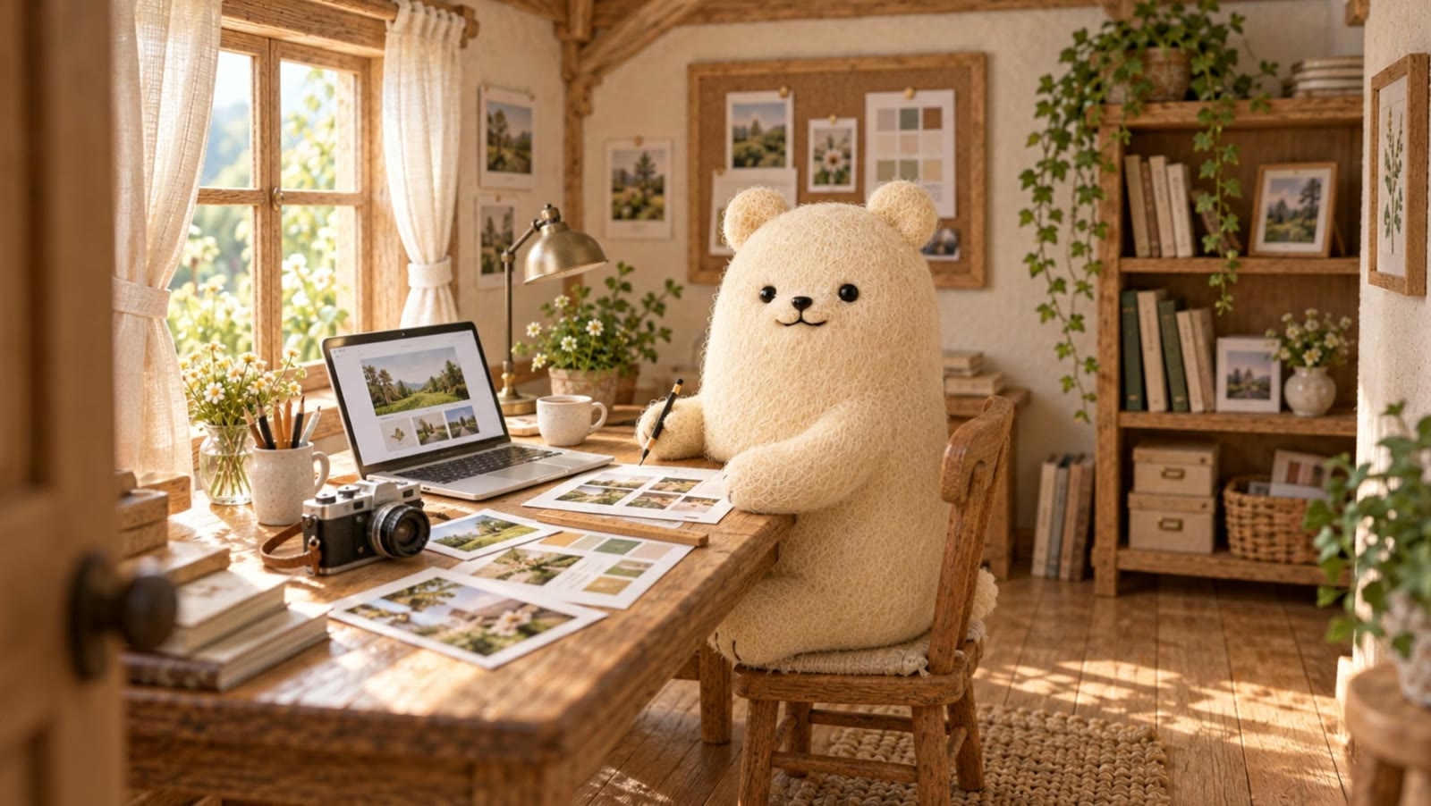 扉の向こうで、くまがカメラや紙を広げて制作している