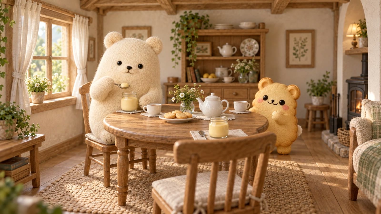 主役クマとミニクマがお茶とプリンを囲んで待っている部屋