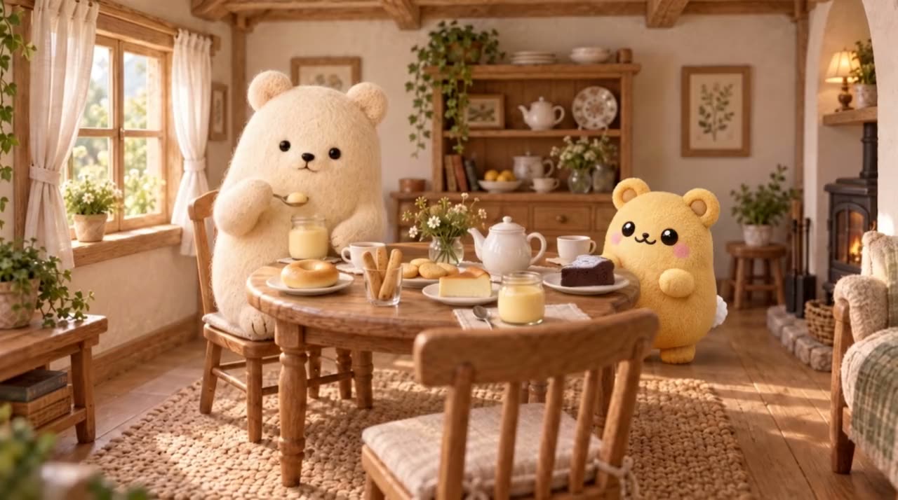 お茶とお菓子のテーブルで、主役クマとミニクマが待っているお茶の部屋