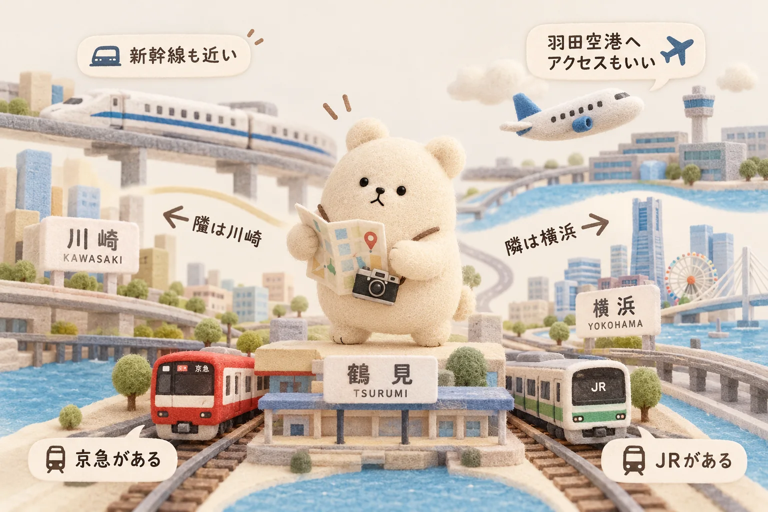 地図とカメラを持つくまを中心に、川崎・横浜方面、京急とJR、羽田空港や新幹線へのつながりを描いたフェルトの街並み